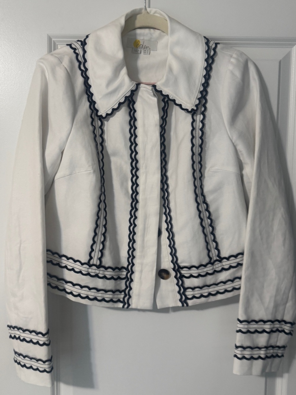 Boden White Jacket with Navy Scallop Trim